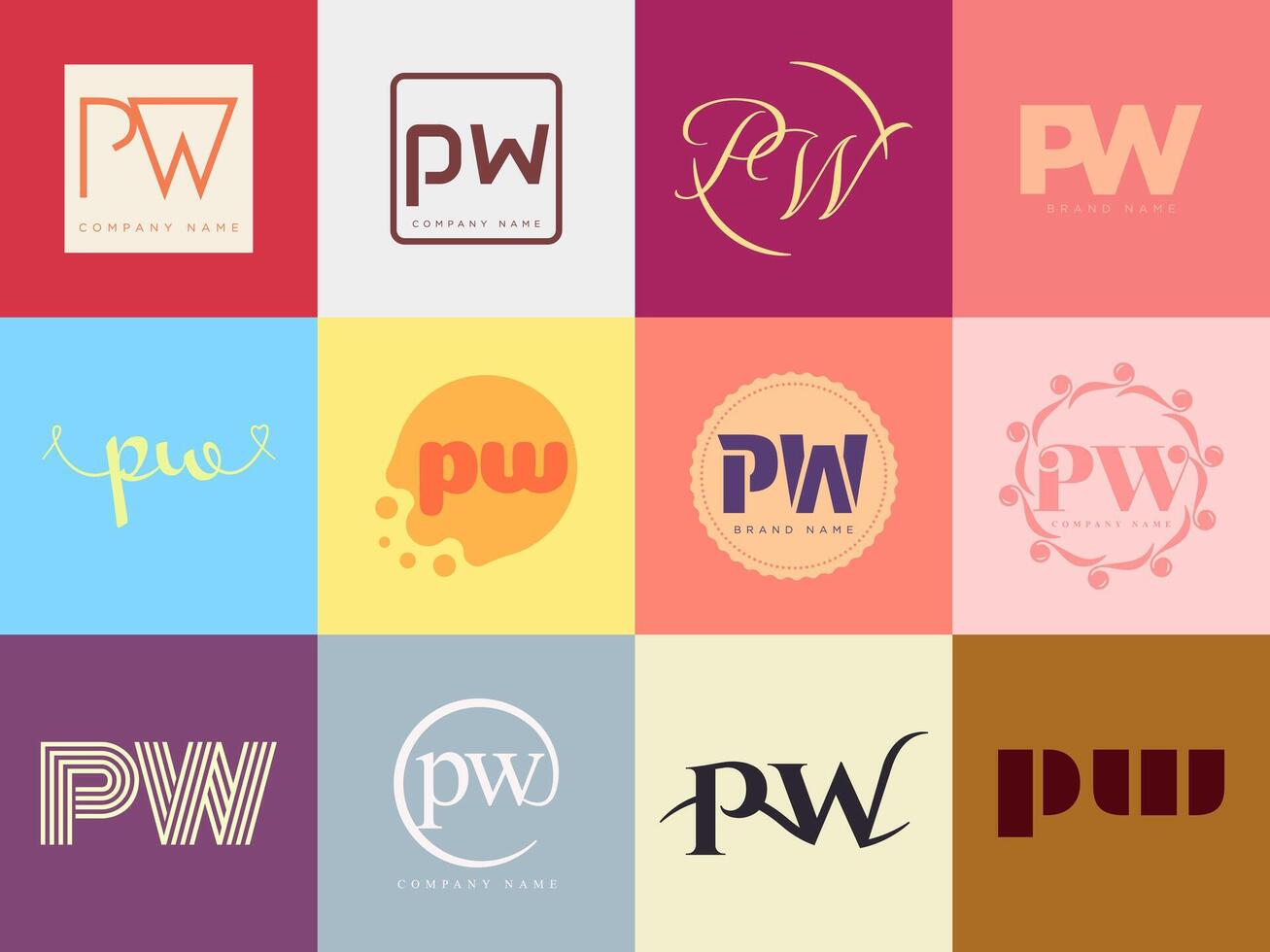 PW logo company template. Letter p and w logotype. Set different classic serif lettering and modern bold text with design elements. Initial font typography. vector