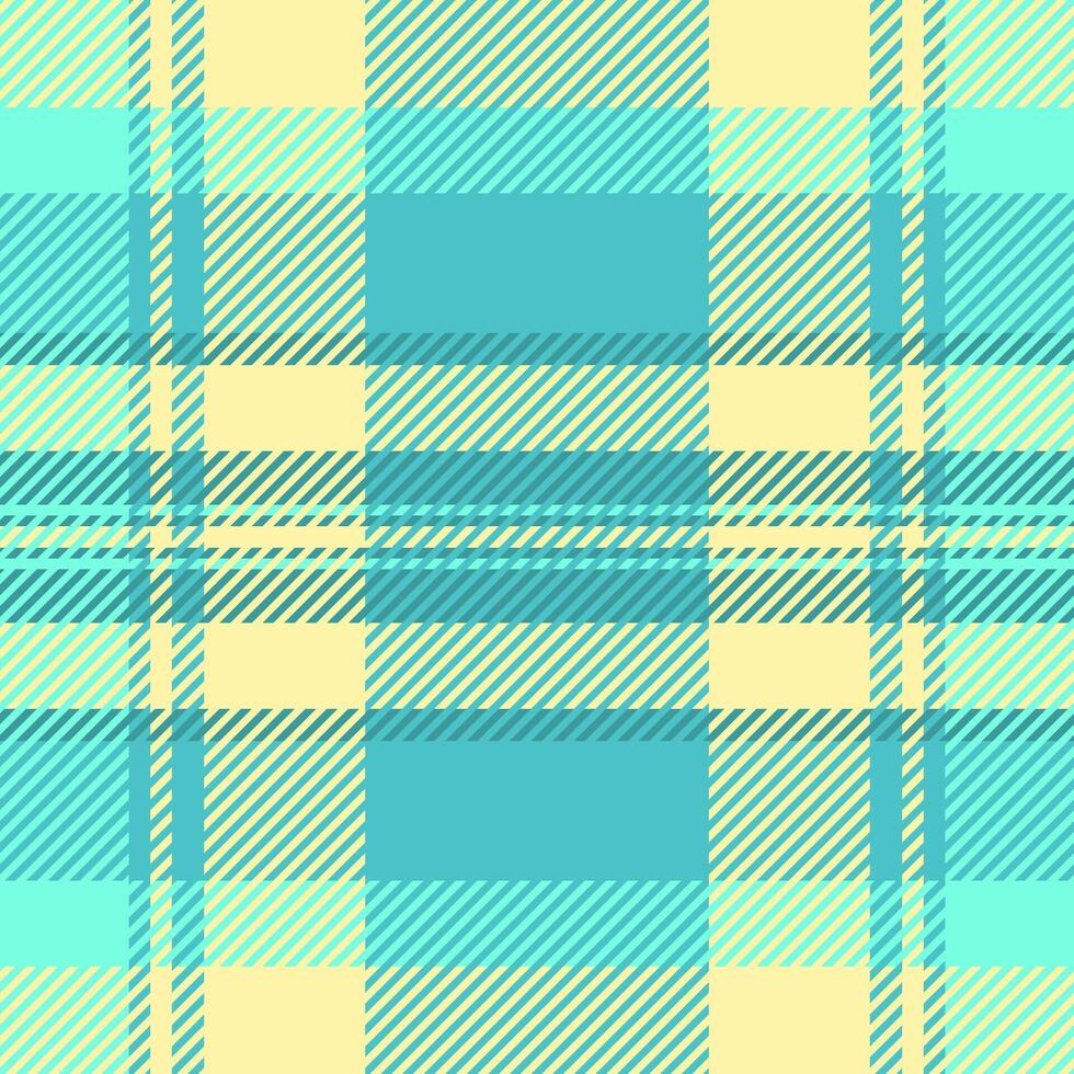 Crease plaid fabric tartan, tough textile background pattern. Ragged texture seamless check in cyan and yellow colors. vector