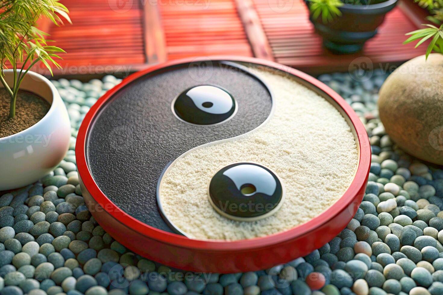 Yin Yang sign. Interiors with indoor flowers, with pebbles on the floor photo