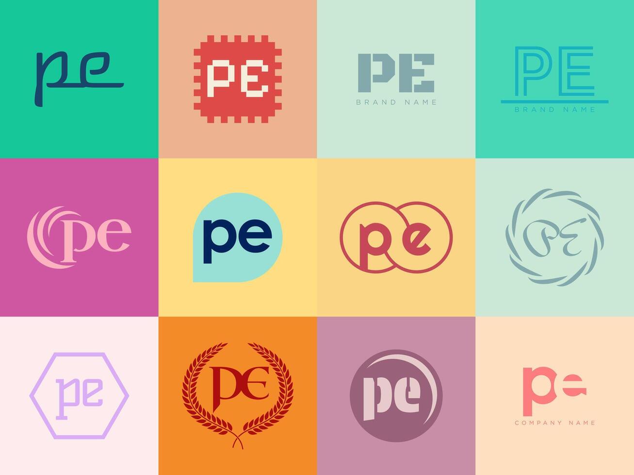 PE logo company template. Letter p and e logotype. Set different classic serif lettering and modern bold text with design elements. Initial font typography. vector