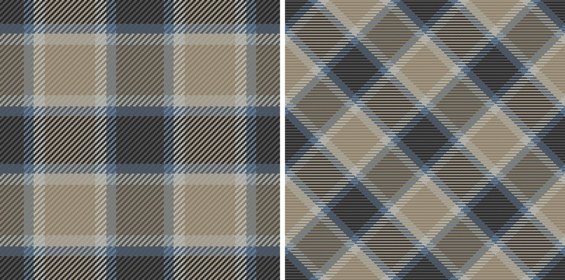 Elegant neutral plaid patterns. Two seamless designs in muted blues, grays, and browns. Perfect for textile prints, website backgrounds, or apparel design. Stylish and versatile for modern projects. vector