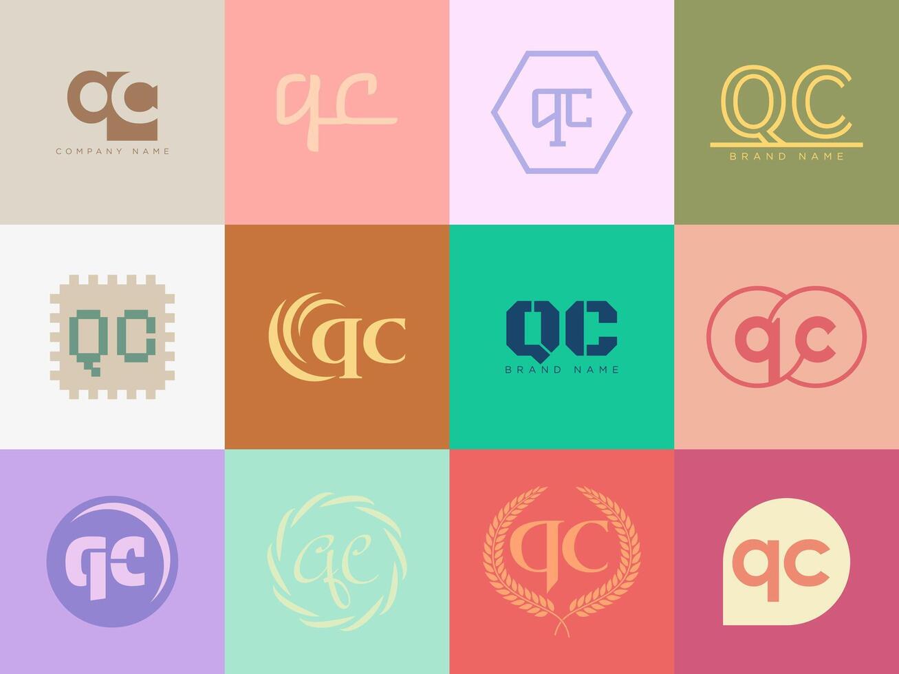 QC logo company template. Letter q and c logotype. Set different classic serif lettering and modern bold text with design elements. Initial font typography. vector