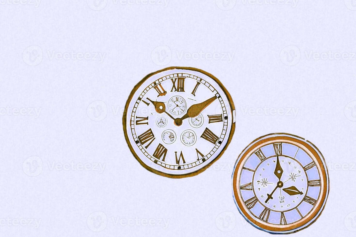 Time and Eternity. Two clocks with hands and dials on white photo