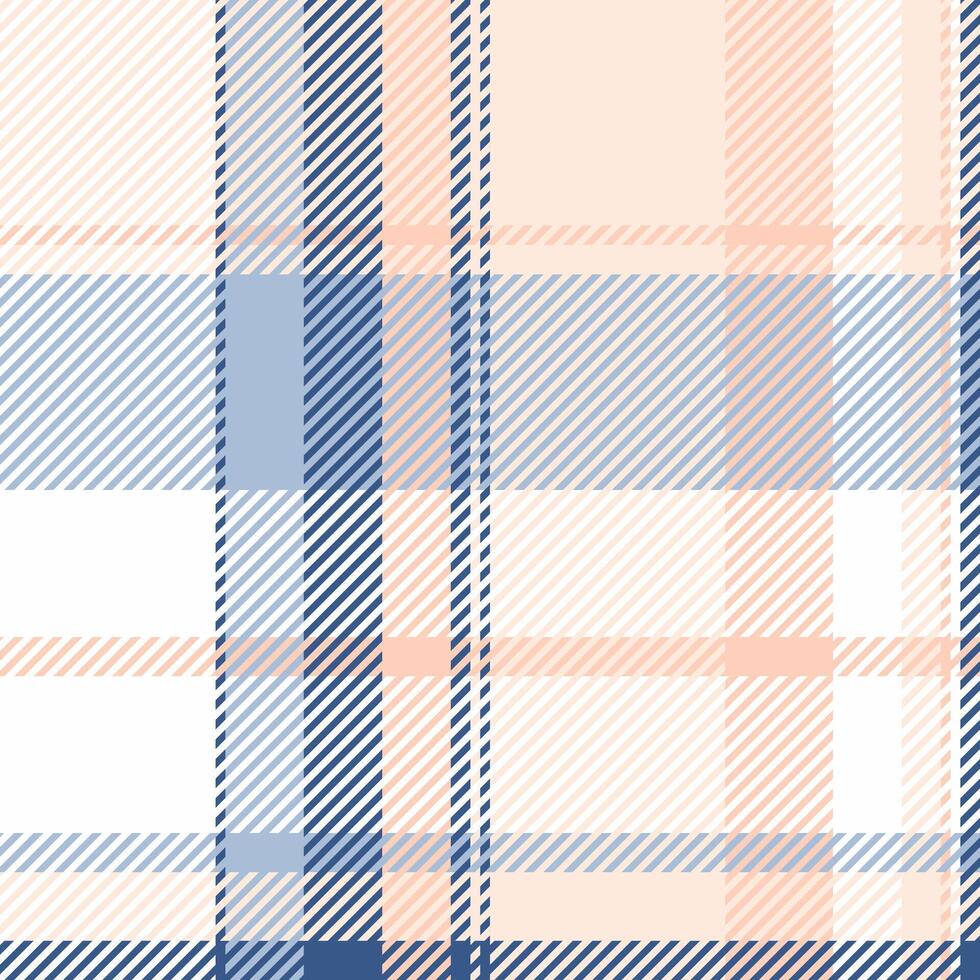 Elegant pastel plaid pattern in soft peach, blue, and white. Ideal for textile design, fashion, or website backgrounds. Subtle diagonal stripes create a stylish and versatile texture. vector