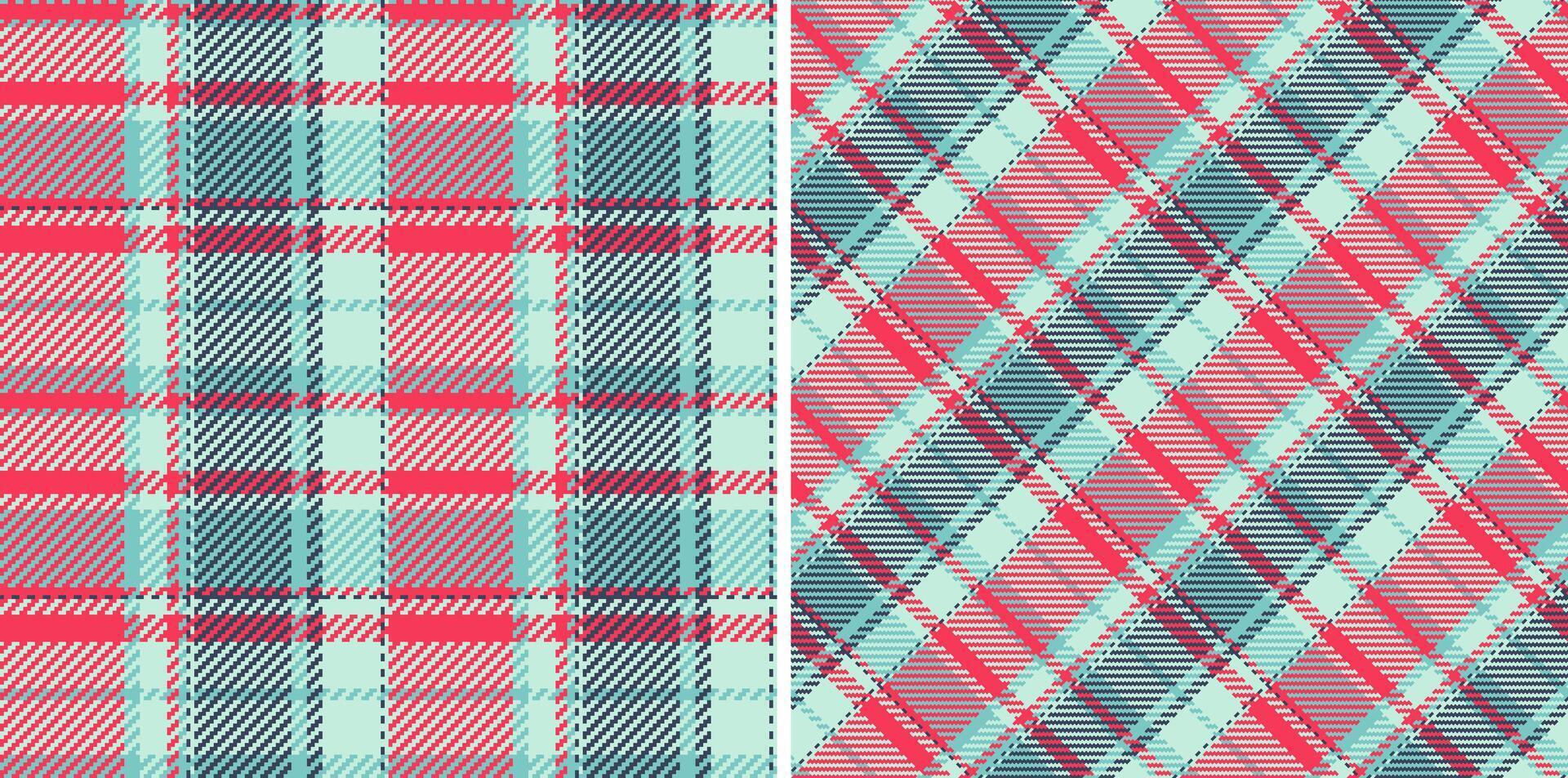 Two vibrant plaid patterns in teal, pink dark grey. Perfect for textile design, fashion, websites, or scrapbooking projects. Classic modern, these seamless textures offer versatility. vector