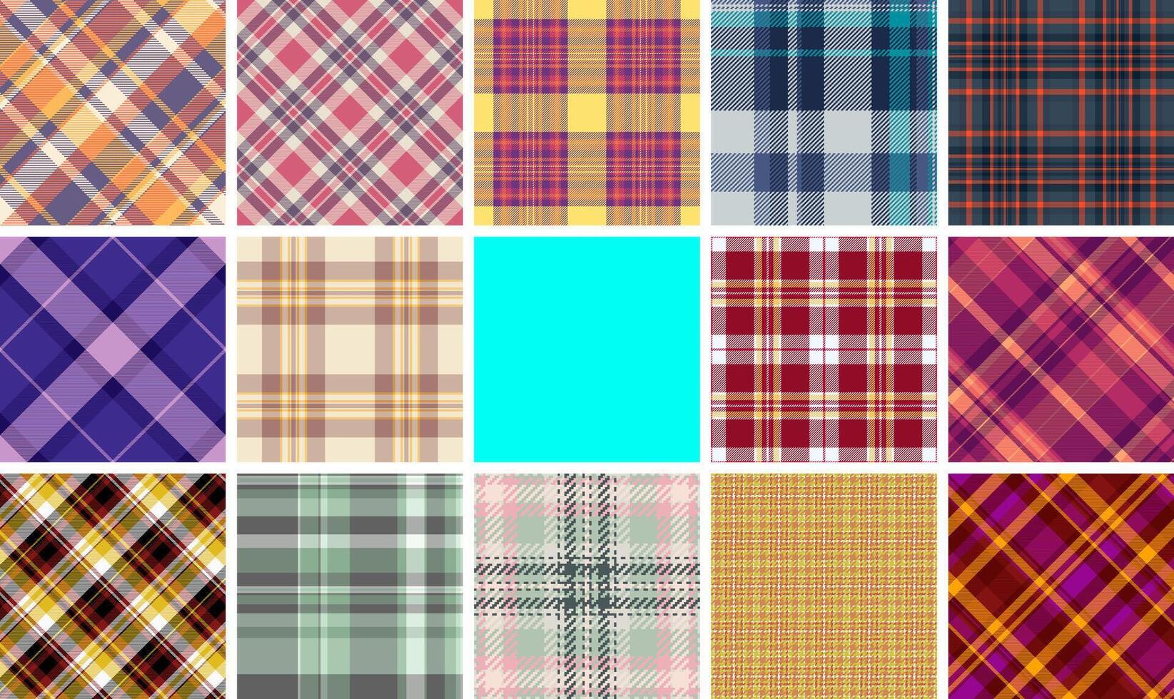 Collection of 15 vibrant plaid patterns, perfect for textile design, fashion, and web backgrounds. Diverse color palettes and styles offer versatility for various projects. vector