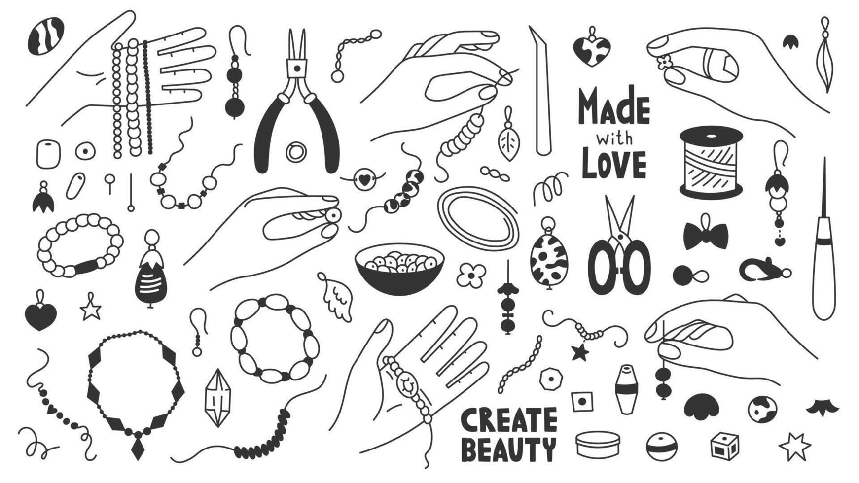 Jewelry Making and Beading Doodle Set vector