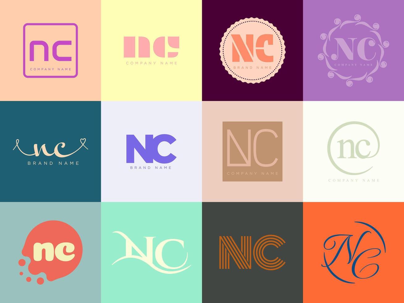 NC logo company template. Letter n and c logotype. Set different classic serif lettering and modern bold text with design elements. Initial font typography. vector