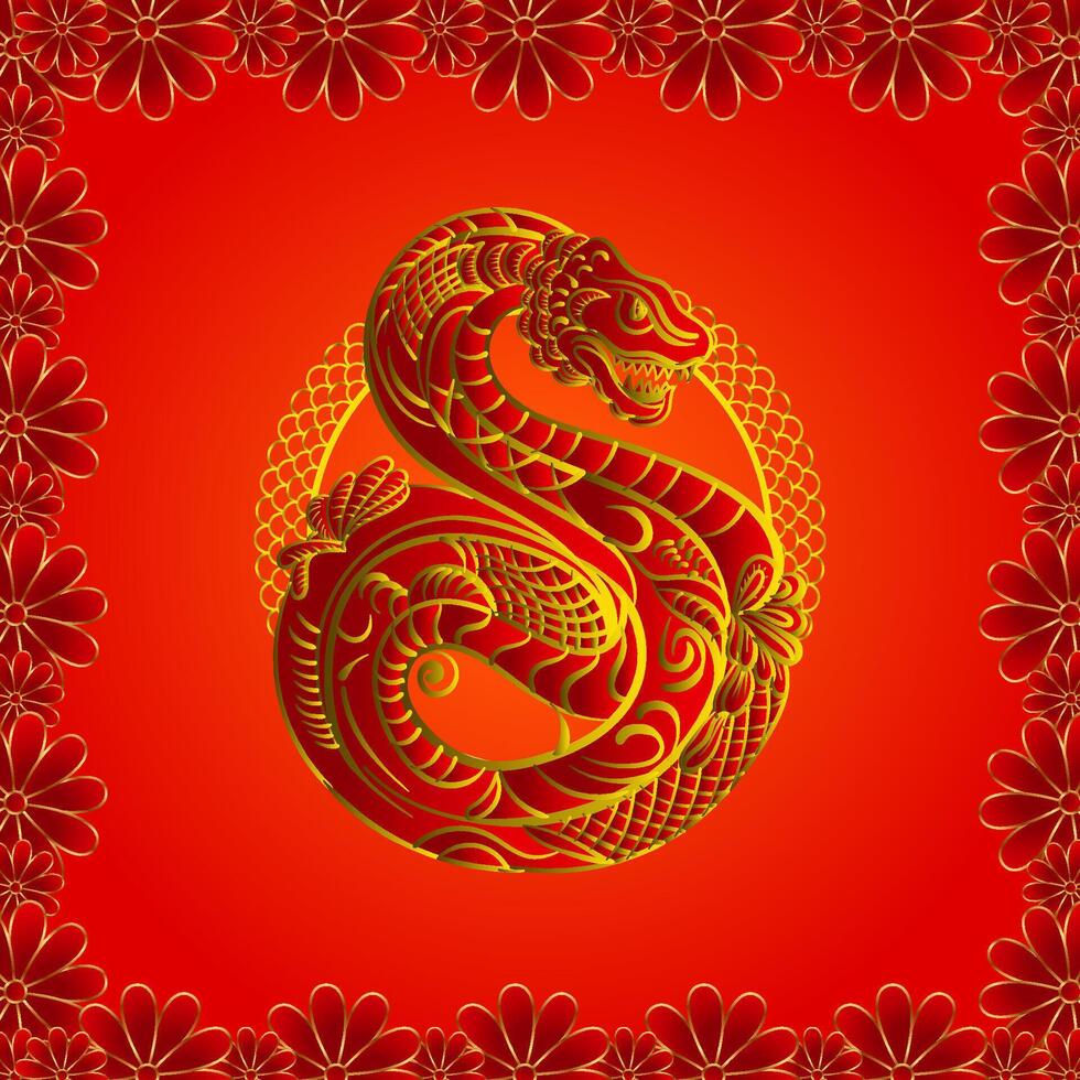 Chinese zodiac sign snake on red background with flowers vector