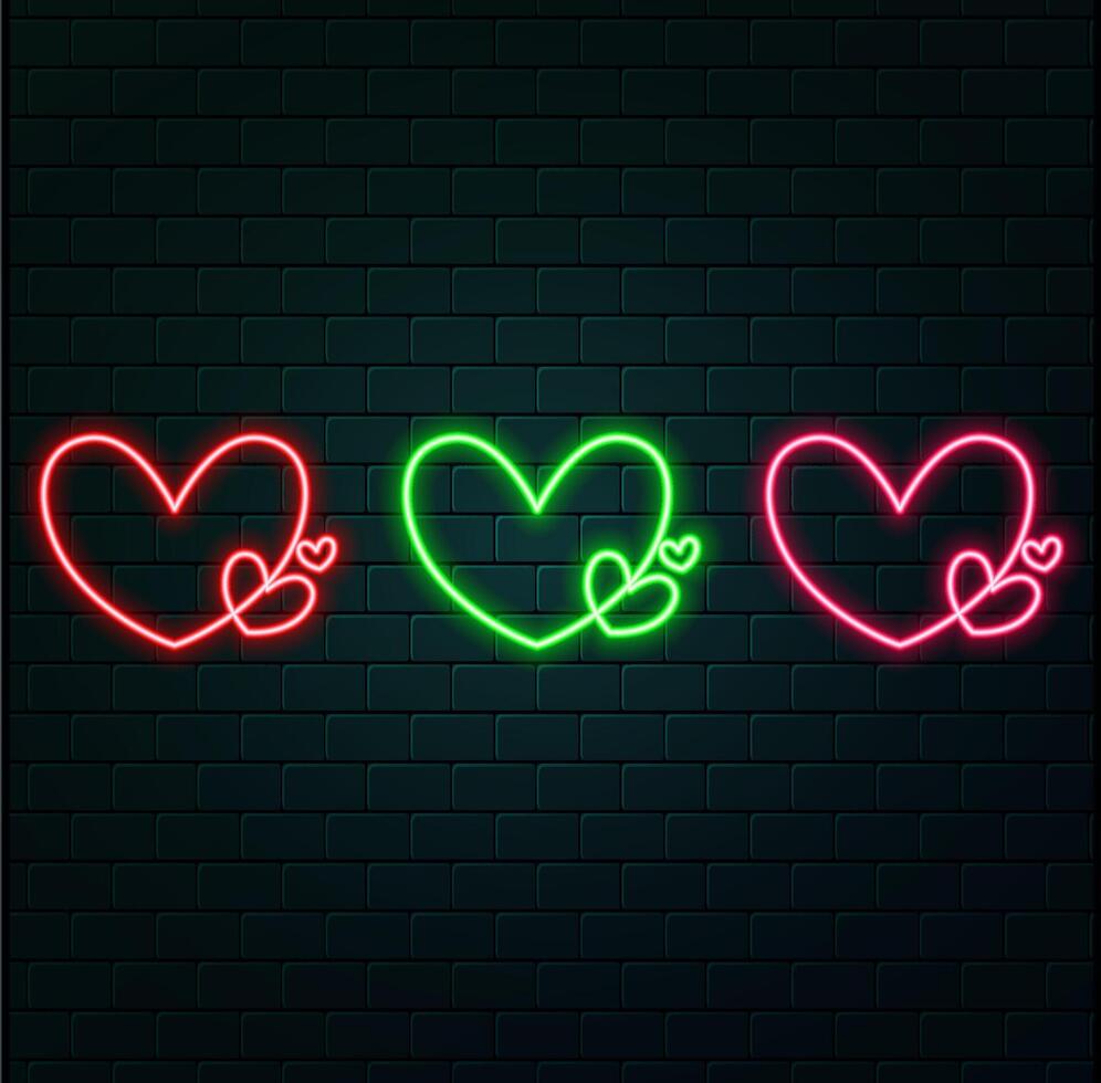Neon heart frames, gradient glowing borders set, vibrant geometric shapes, modern signs collection. Colorful futuristic Valentines Day design elements. illustration... vector