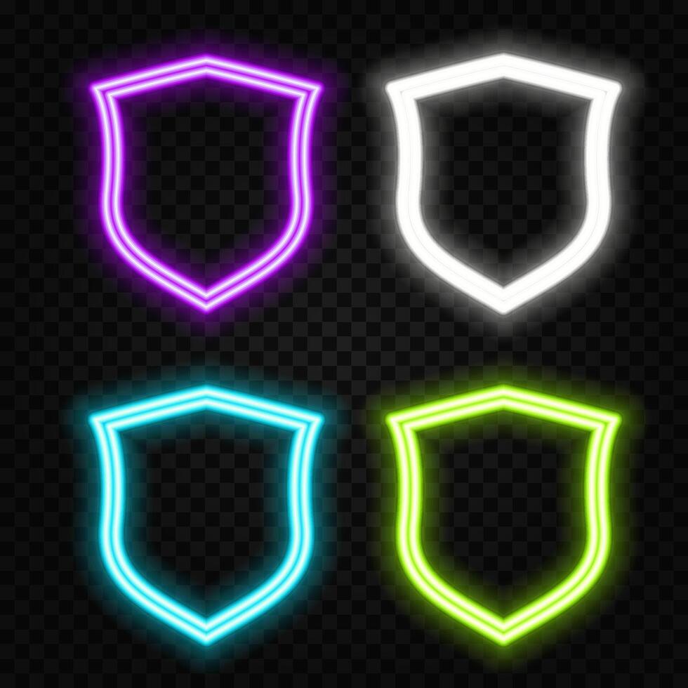 Glowing neon line shield icon isolated on brick wall background. Guard sign. Colorful outline concept. vector