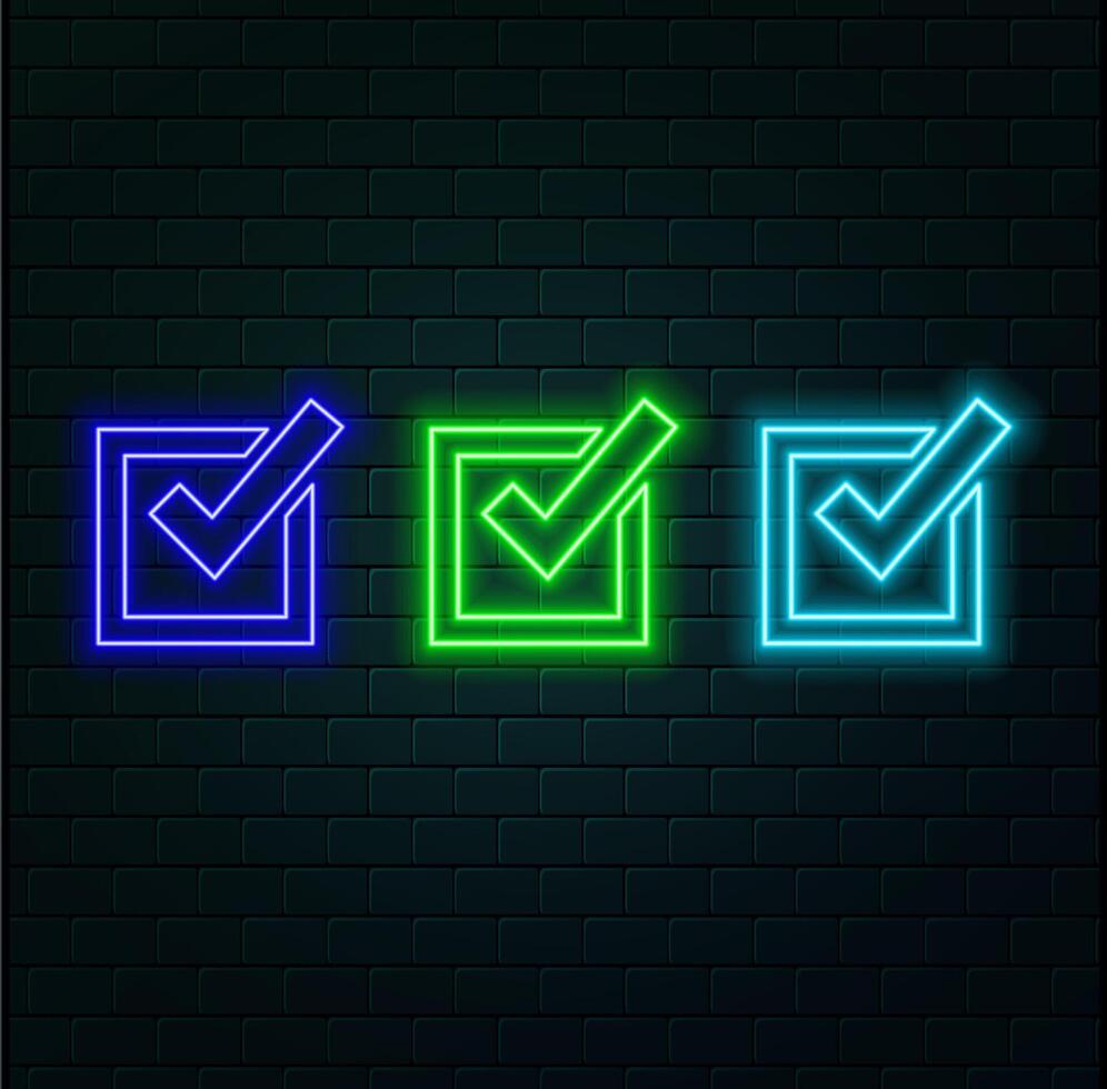 Neon glowing check mark sign on a black background... vector