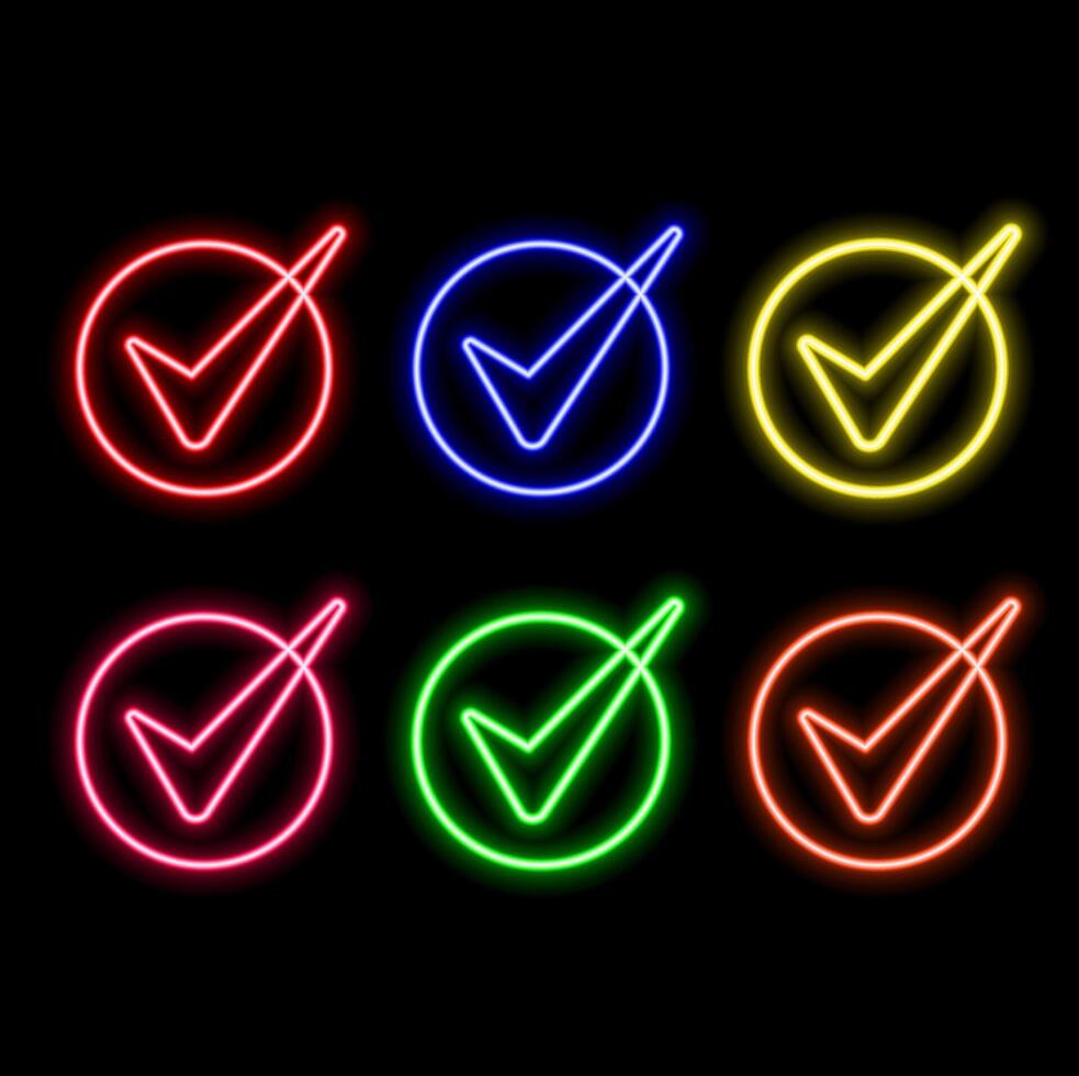 Outline neon Verified badge icon set. Glowing neon blue tick sign, approved checkmark. Verified user in social media, certified and original account, confirmed profile, verification mark. icons.. vector