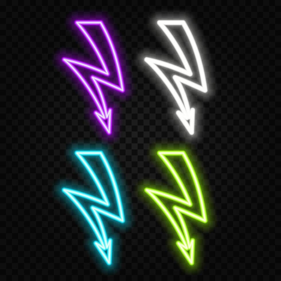 A set of bright shiny LED neon colored arrows on a brick wall background... vector