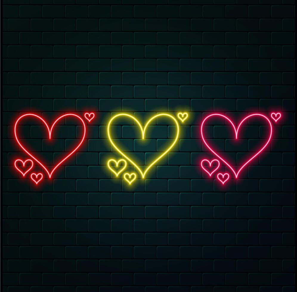 Modern Neon Iridescent Glowing Heart Banner on Dark Empty Grunge Brick Background. Vintage Purple Pink Blue Colored Heart Sign. Retro Neon Valentines Day Symbol.. vector
