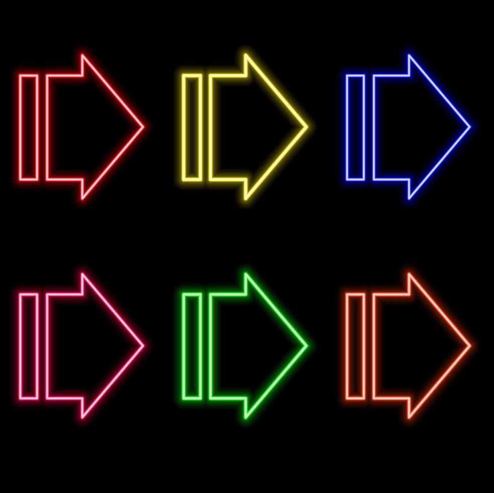 Outline bended neon arrow icon set. Glowing neon curved arrow pointer, bent arrowhead sign. Rounded arrow, turning cursor, bended navigation pointer, rotate motion direction. icon set.. vector