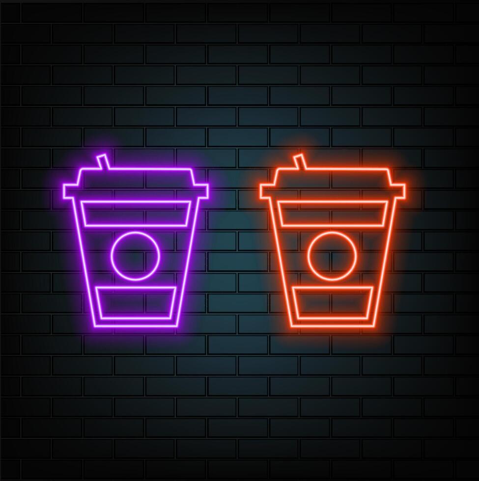 Outline neon drink icon. Glowing neon glass, takeaway drink cup with straw, paper glass pictogram. Fruit juice, cold tea and coffee to go, milk cocktail, soda. icon set, symbol for UI. vector