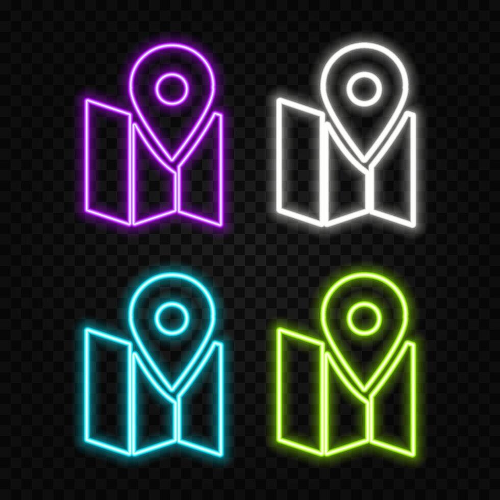 Glowing neon line Map pin icon isolated on brick wall background. Navigation, pointer, location, map, gps, direction, place, compass, contact, search concept. Illustration. vector