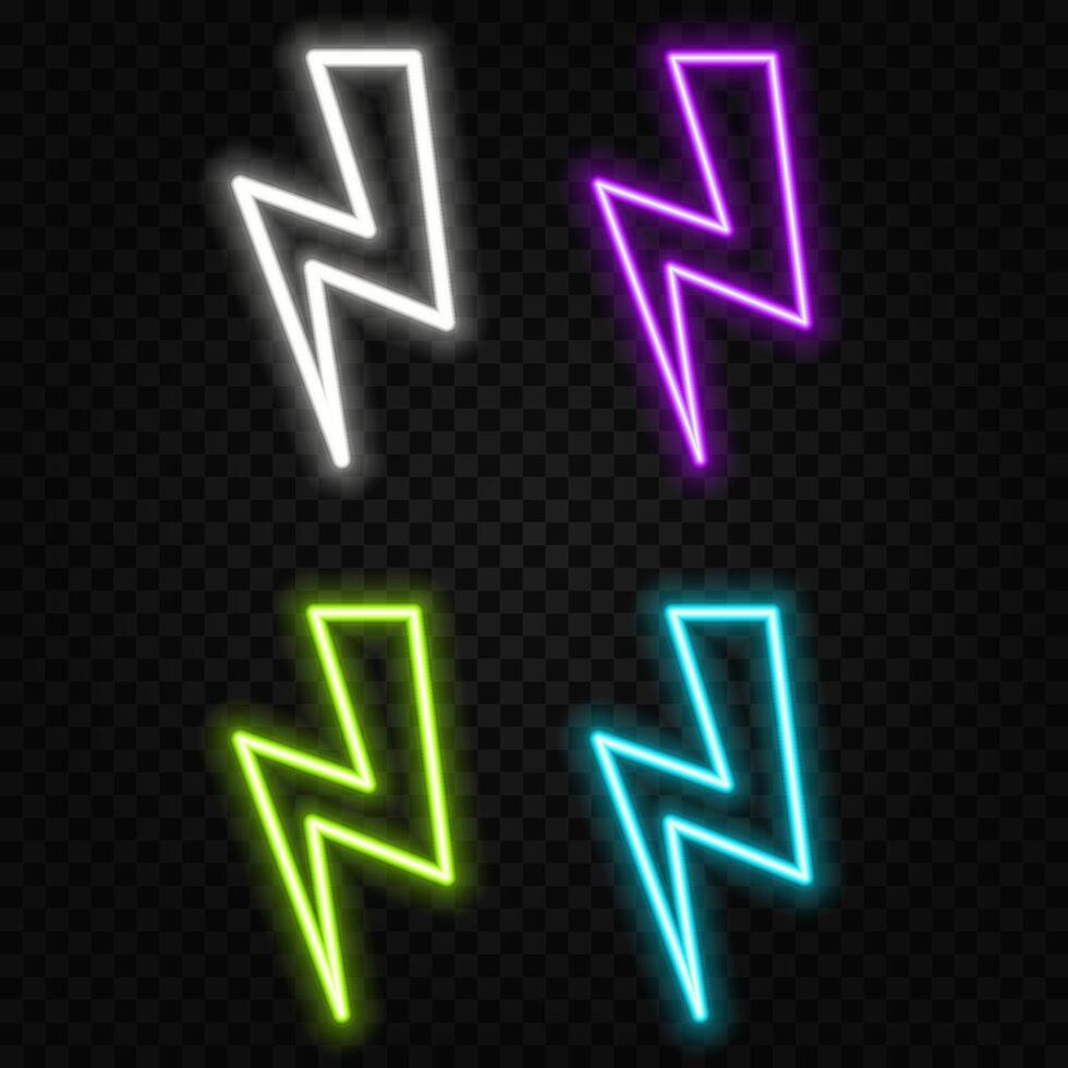 Neon bolt sign. neon lightning bolt. Glowing neon line Lightning bolt icon isolated on black background. Flash sign. Charge flash icon. Thunder bolt. Lighting strike... vector