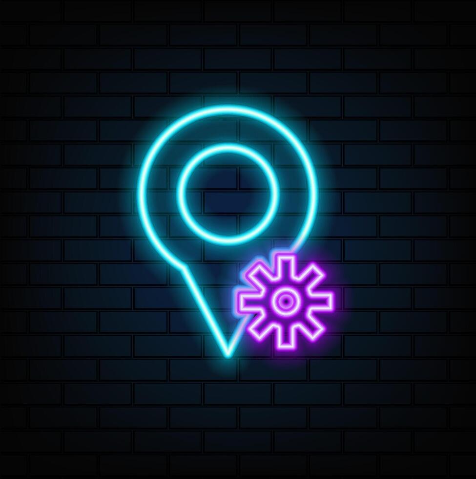 Glowing neon line location with gear icon isolated on purple and green background. vector