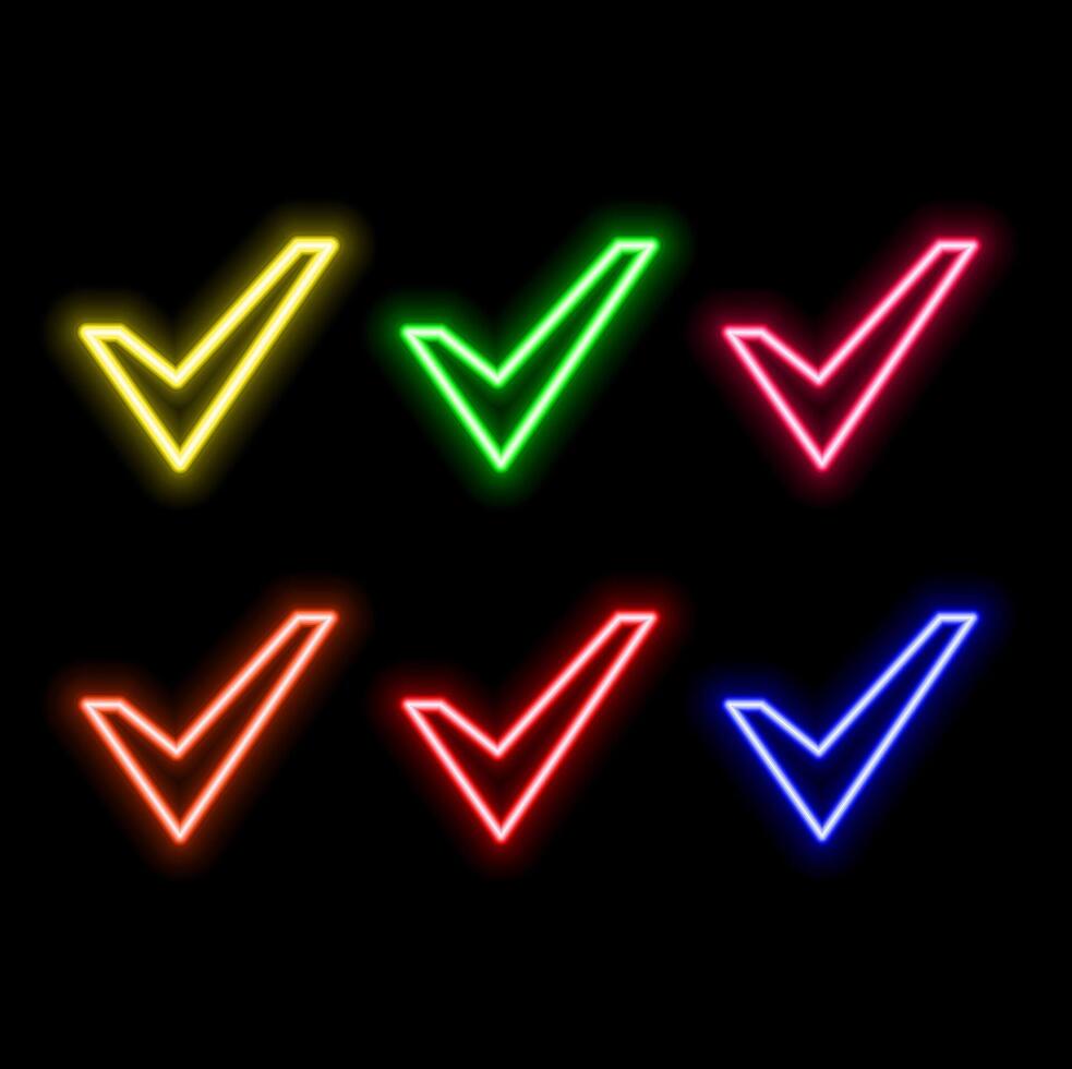 Green check mark Neon Sign . Check list button neon signboard, design template, modern trend design, night neon signboard, night bright advertising, light banner, light art. illustration. red color. vector