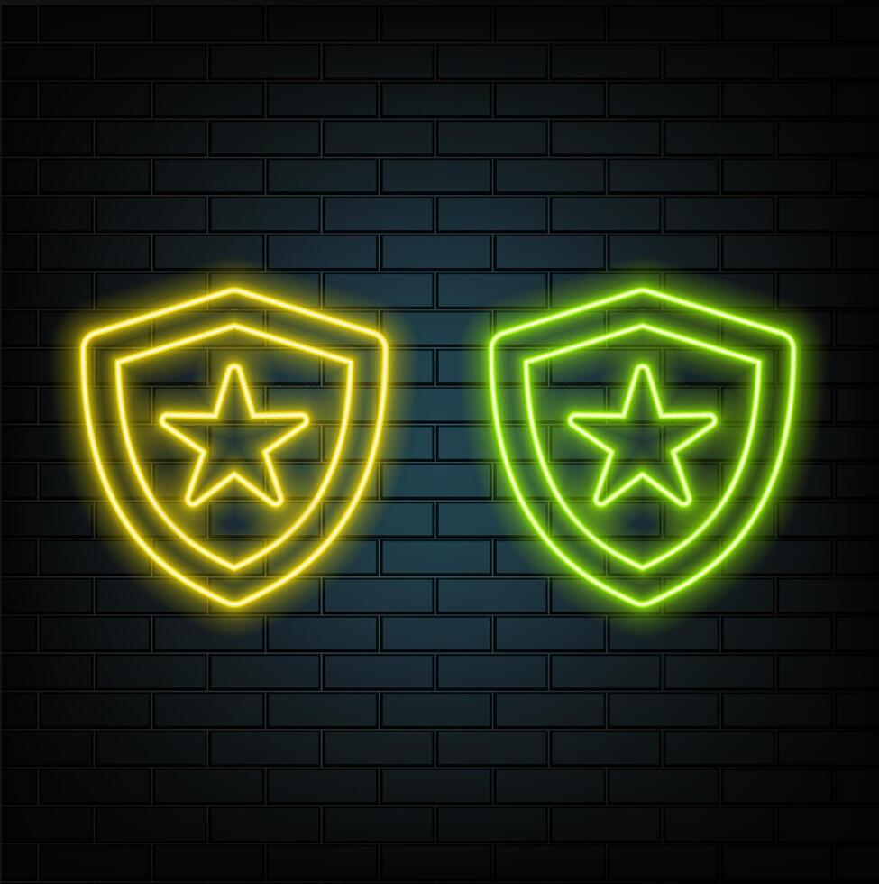 Neon frame in shield shape. template of neon border in blue and red color, creative glowing shield in outline. Modern background for design of banner and billboard, poster and cover vector
