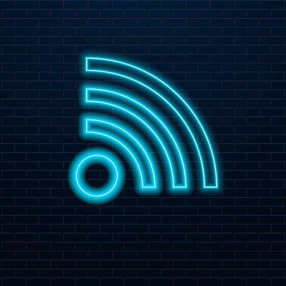 Free Wifi neon signboard on brick wall. Multicolored internet emblem for cafe and bar. Outer glowing effect poster on brick wall. Editable stroke. stock illustration vector