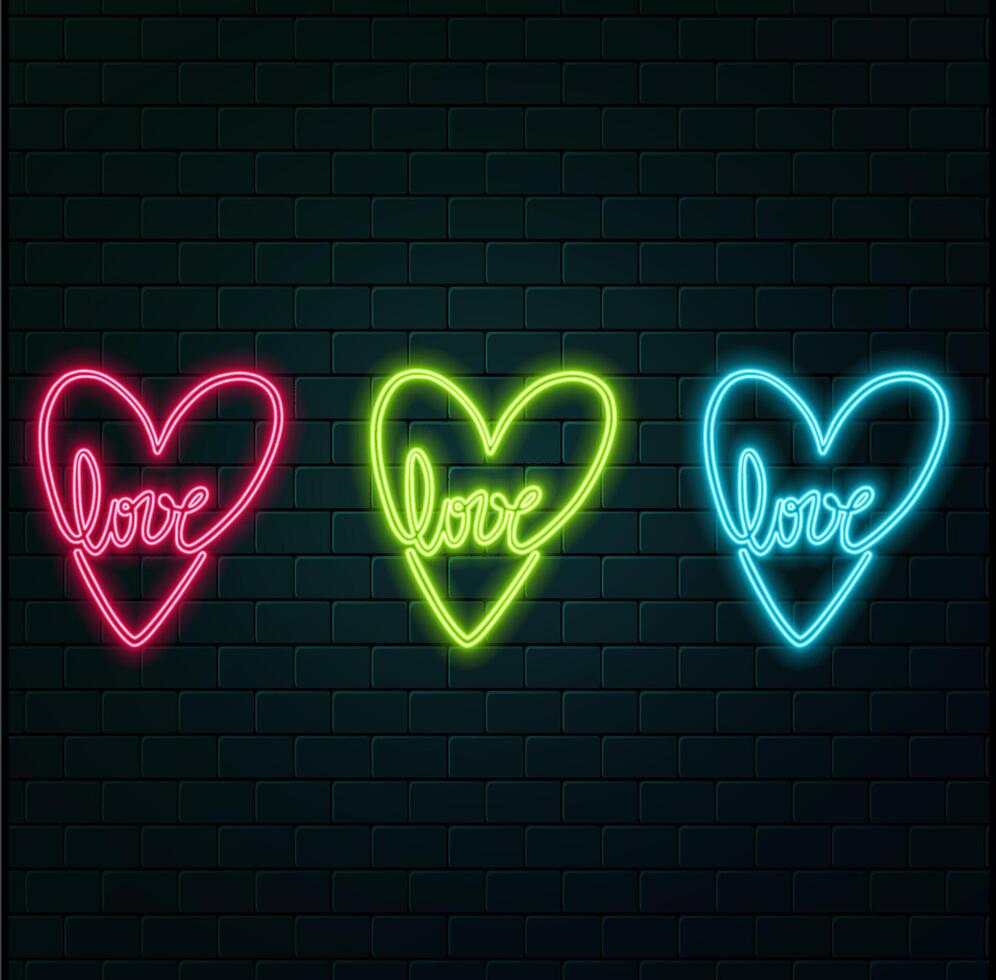 Neon heart with a glow on the background of a dark brick wall. Neon sign pink and green. vector