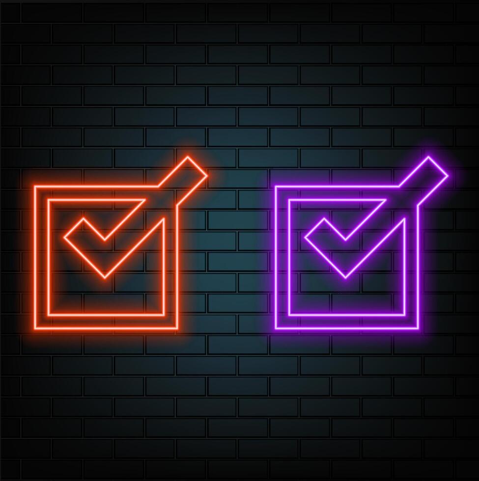 Verify check icon with bright glowing futuristic orange neon lights on black background. 3D icon, sign and symbol. Cartoon minimal style. 3D render illustration.style neon. vector