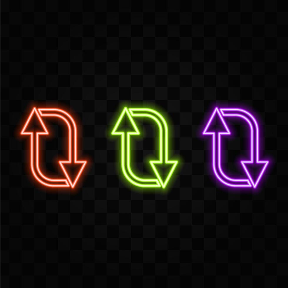 Neon arrow signs, isolated realistic glowing web icons in various shapes. glowing pointers, next page and reload symbols for UI and user experience. vector