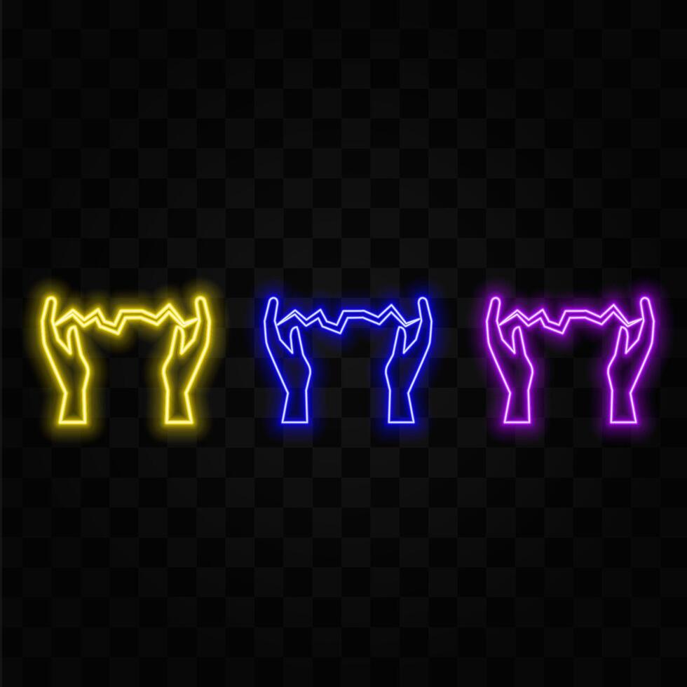 Neon icon of Purple and Violet Electric Energy illustration of Purple and Violet Neon Electrical Sign consisting of neon outlines with backlight on the dark brick wall background vector