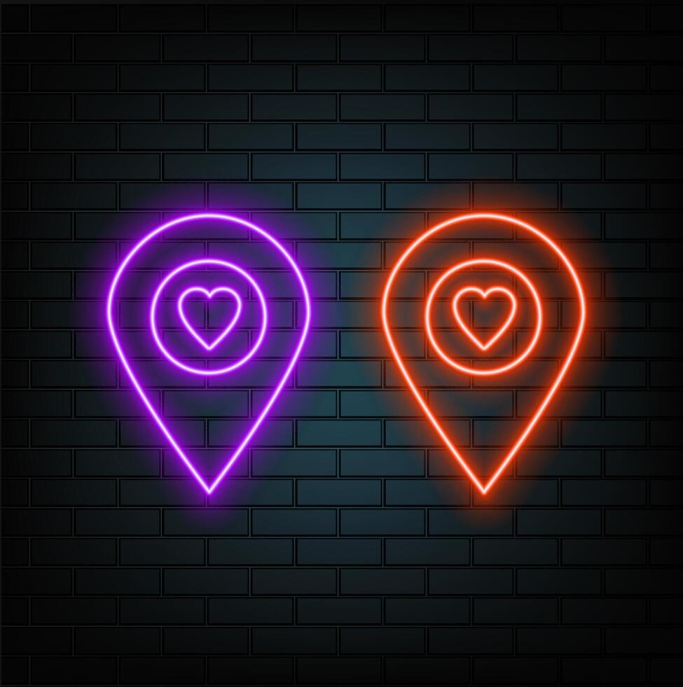 collection of neon map pins on the wall background... vector