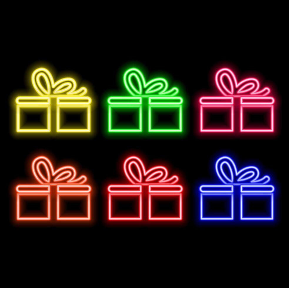 Neon Gift Box with Heart, Yellow and Red Colors, Isolated Luminous Icon on Dark Brick Wall Background. vector