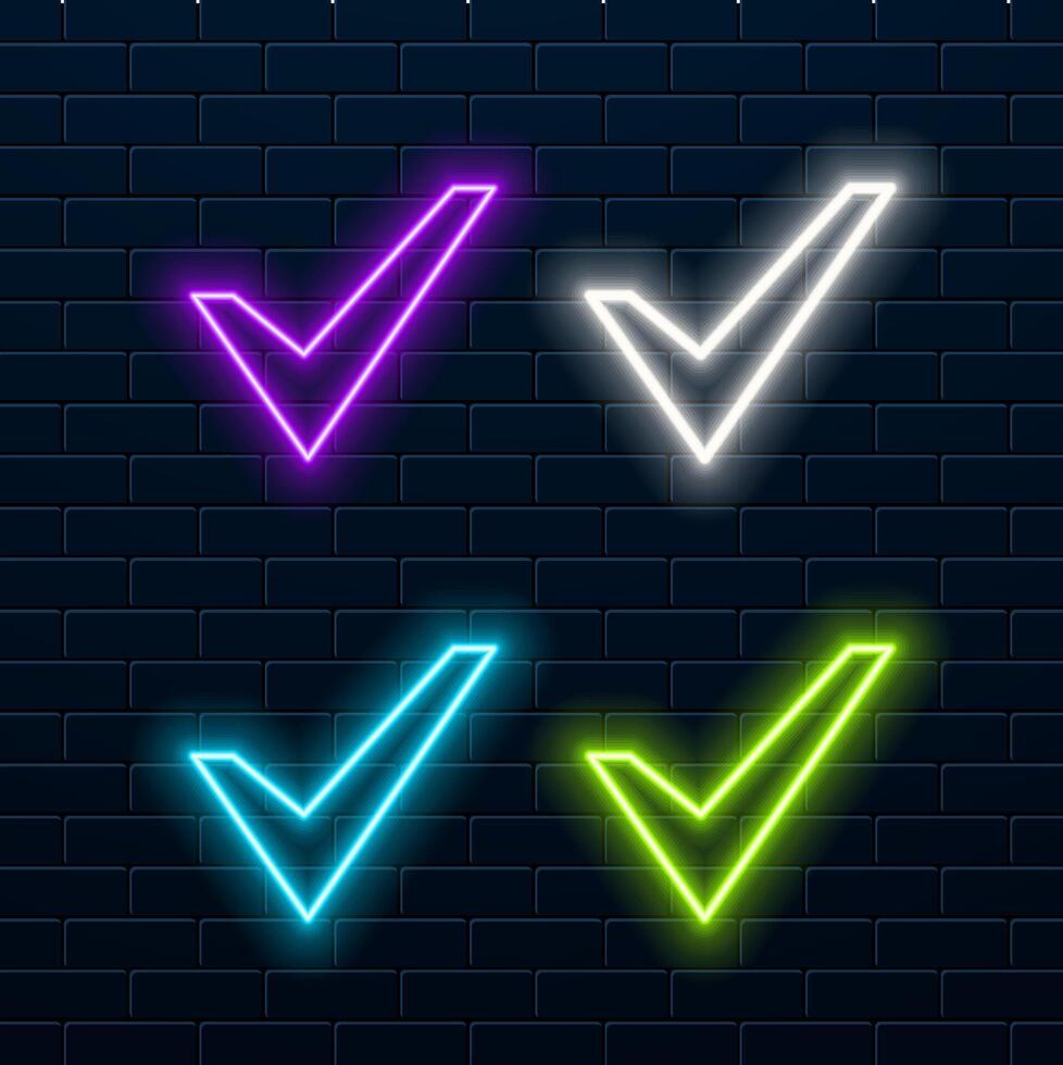 Neon purple check mark inside a circle on a black background vector