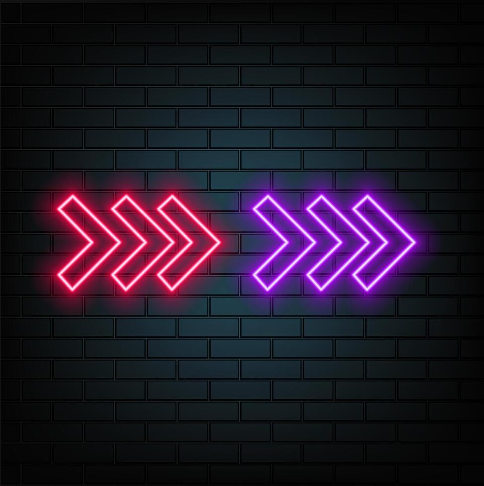 Neon arrow signs set. Bright arrow pointer symbols on brick wall background. Collection of colorful neon arrows, web icons. Banner design, bright advertising signboard elements.. vector