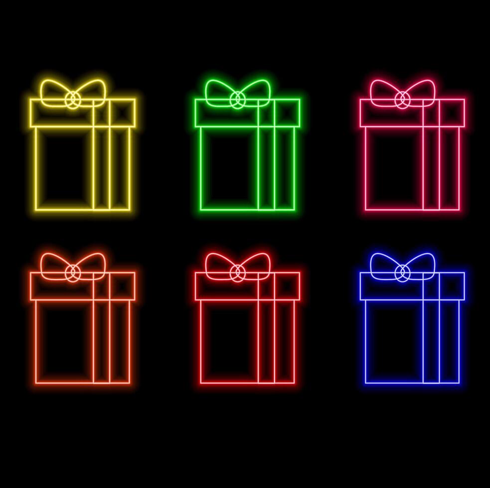 Outline neon love gift icon. Glowing neon gift box with heart sign, give present. Romantic surprise, receive gift bonus and prize, present love, get gift box, donation and giveaway. icon set. vector