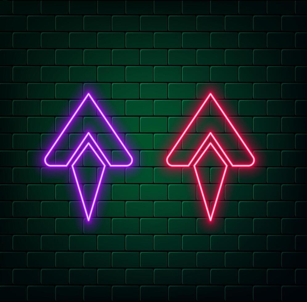 Neon glowing arrow pointer on dark background Colorful and shining retro light sign vector