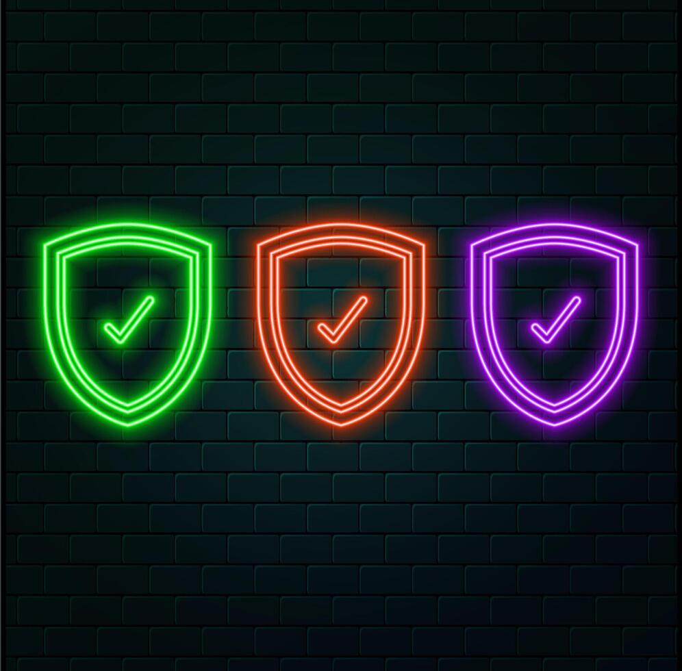 Neon light speech bubble. Check mark line icon. Accepted or Approve sign. Tick shield symbol. Neon light background. Confirmed glow line. Brick wall banner vector