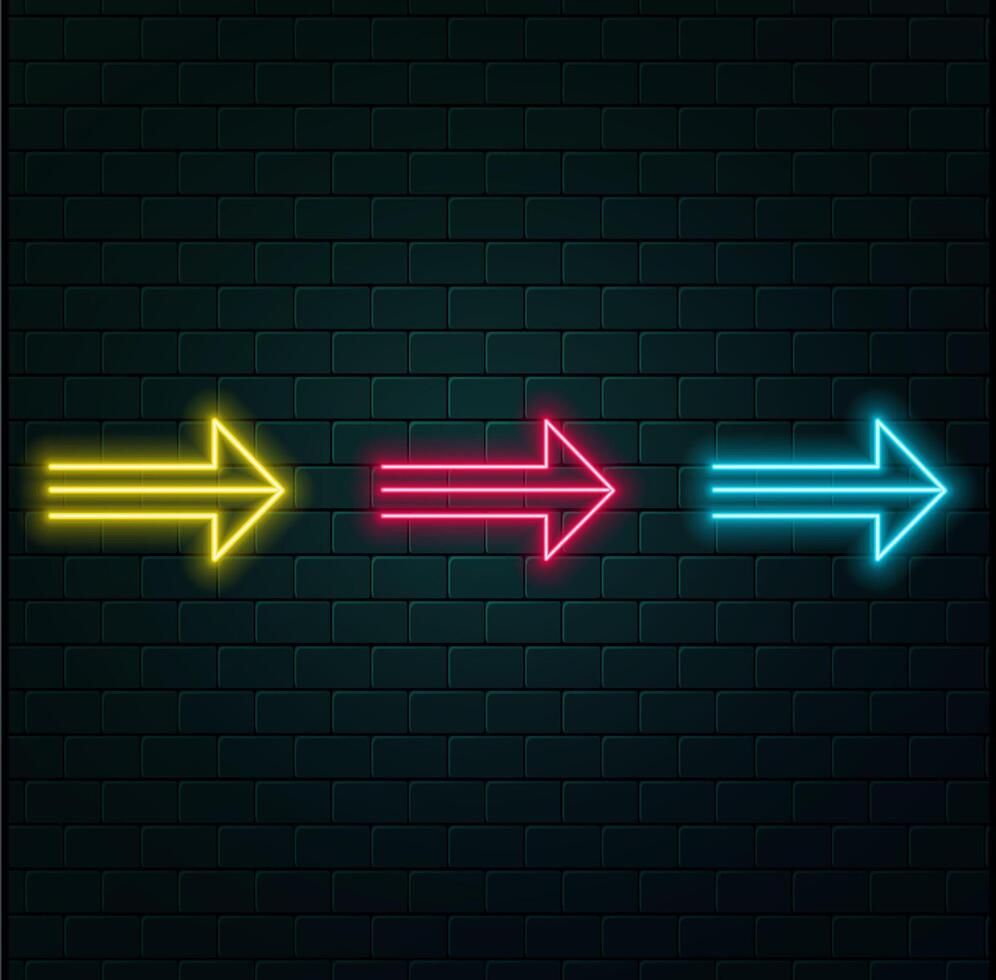 Neon arrow pointing at a black background on a glossy floor... vector