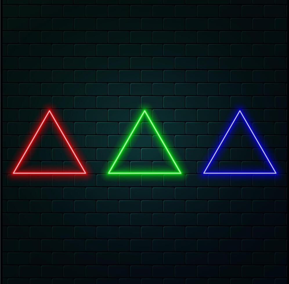 Neon double rounded triangle frame with shining effects on purple background. Empty glowing techno backdrop. illustration vector