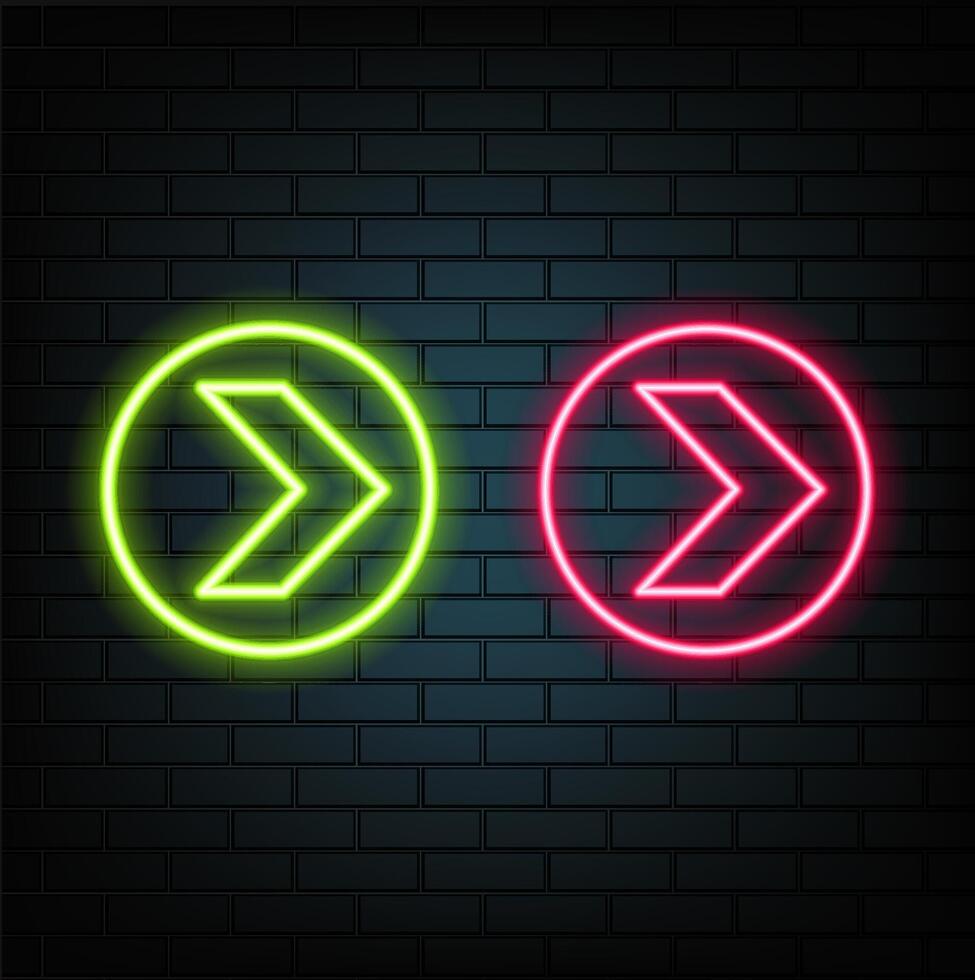 Web Neon Right Arrows colorful icons set. Realistic glowing pointers on transparent background. Location indicator for casino, bar, cinema, night club. vector