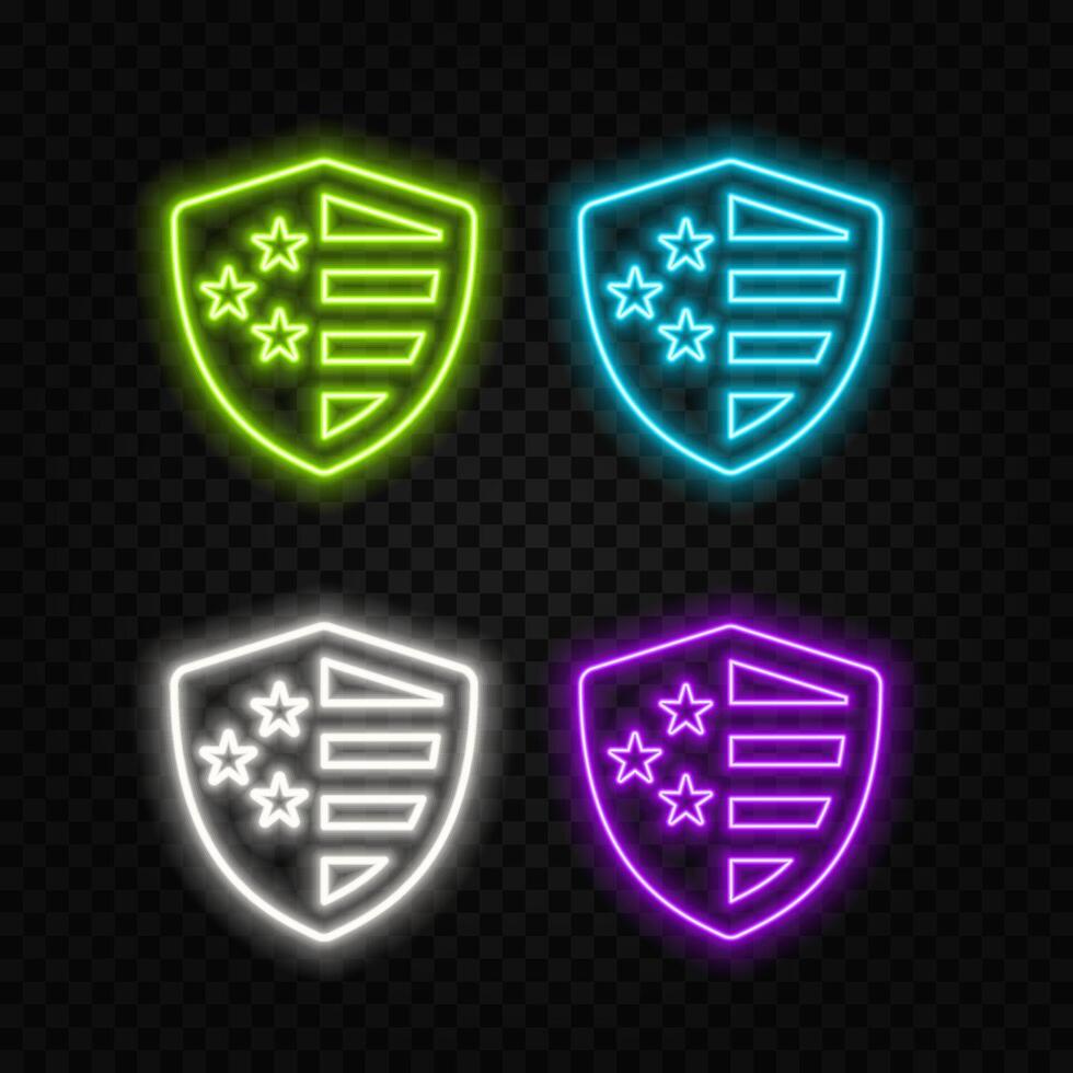 Glowing neon Shield icon isolated on brick wall background. Guard sign. Security, safety, protection, privacy concept.. vector