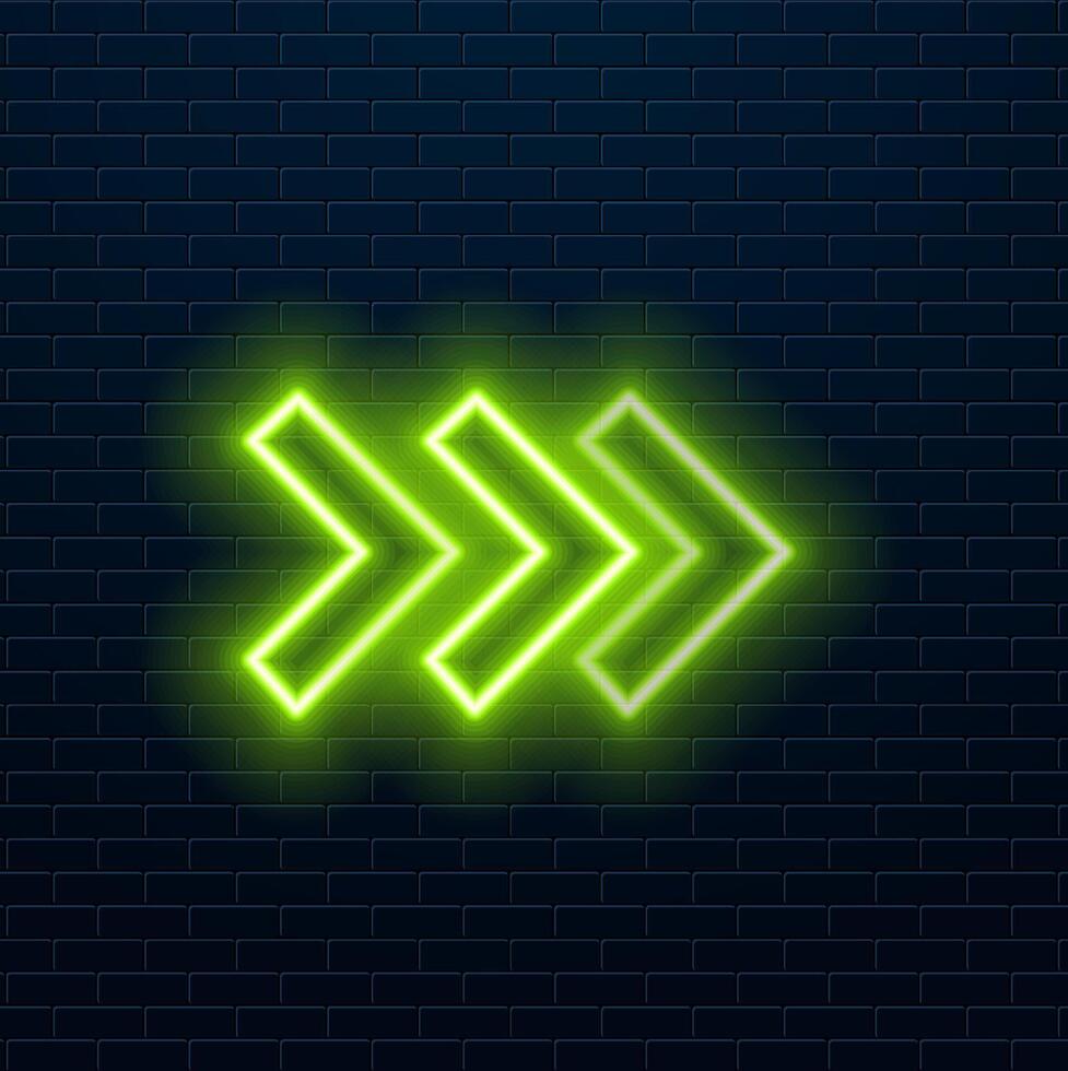 Neon arrow icon. Glowing neon motion sign, outline arrow pointer silhouette in vivid colors. Arrowhead and cursor navigation, movement direction, motion way. icon set, sign, symbol. green color. vector