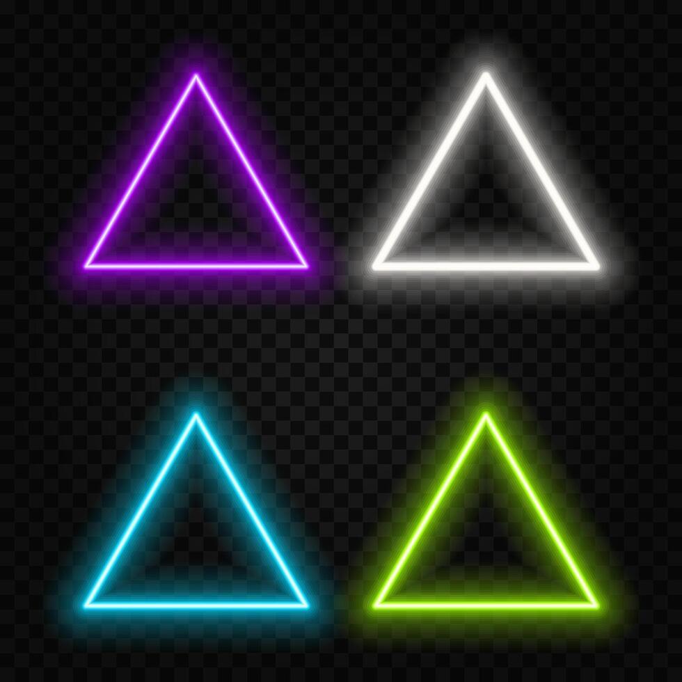 Neon button triangle set. Glowing colorful border with copy space. Realistic neon frame isolated vector