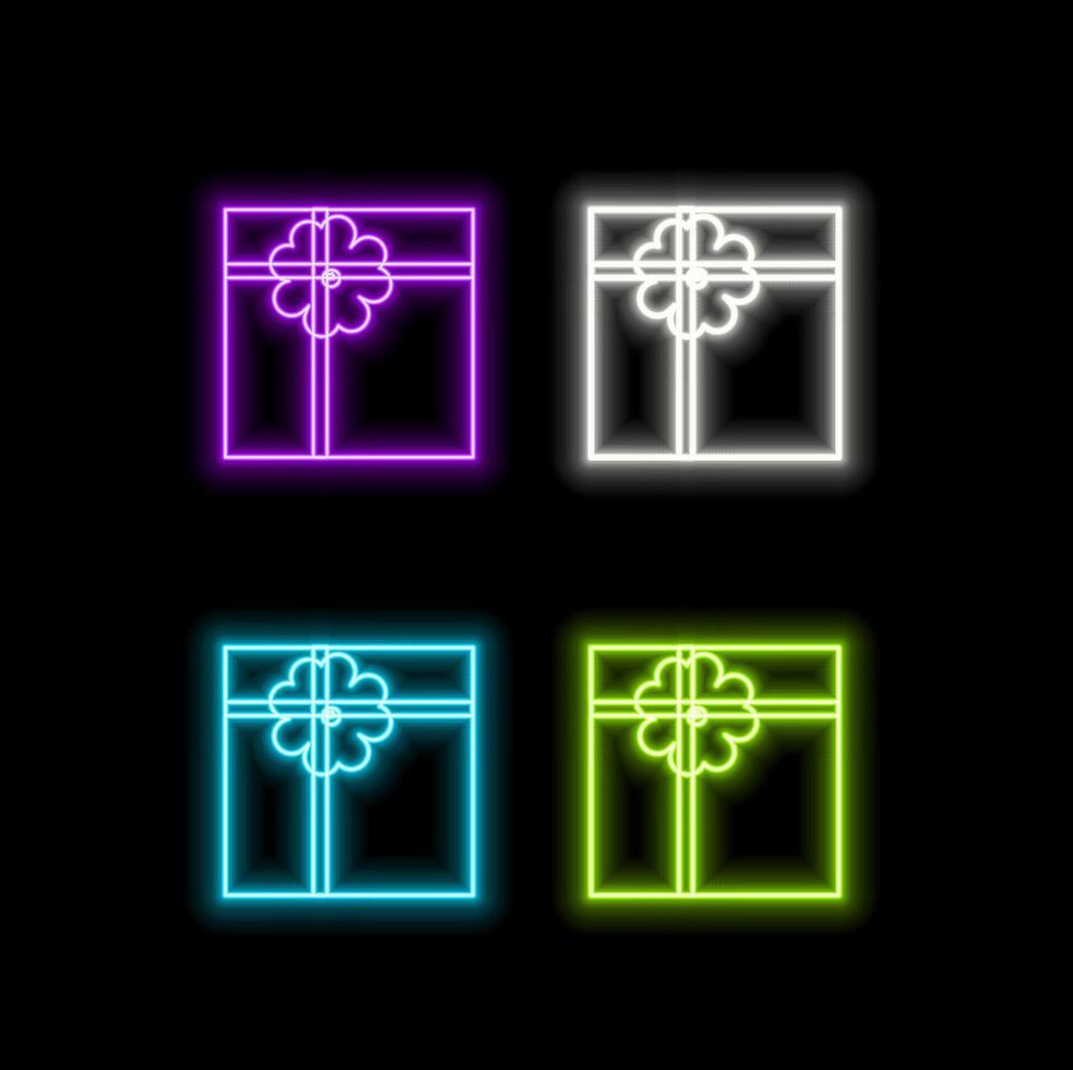Neon light speech bubble. Gift boxes with bag line icon. Present or Sale sign. Birthday Shopping symbol. Package in Gift Wrap. Neon light background. Shopping glow line. Brick wall banner. vector