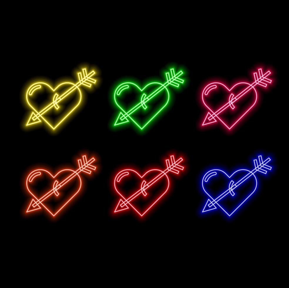 Set of red neon broken hearts isolated on dark background. Line hearts with glowing backlight effect. Luminous illustration for Valentines day. vector