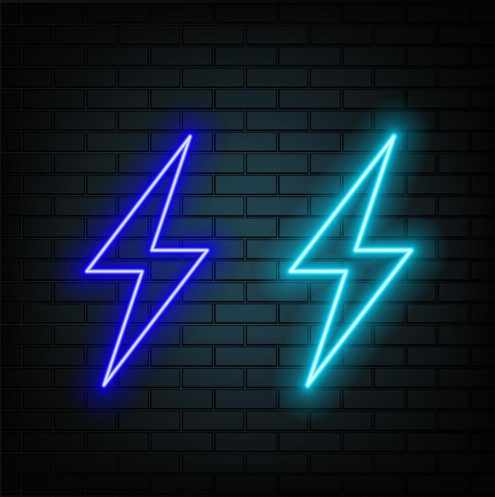 Neon lightning bolt set. High-voltage thunderbolt neon symbol. Lightning, thunder and electricity sign. Banner design, bright advertising signboard elements. illustration. Electric discharge. vector