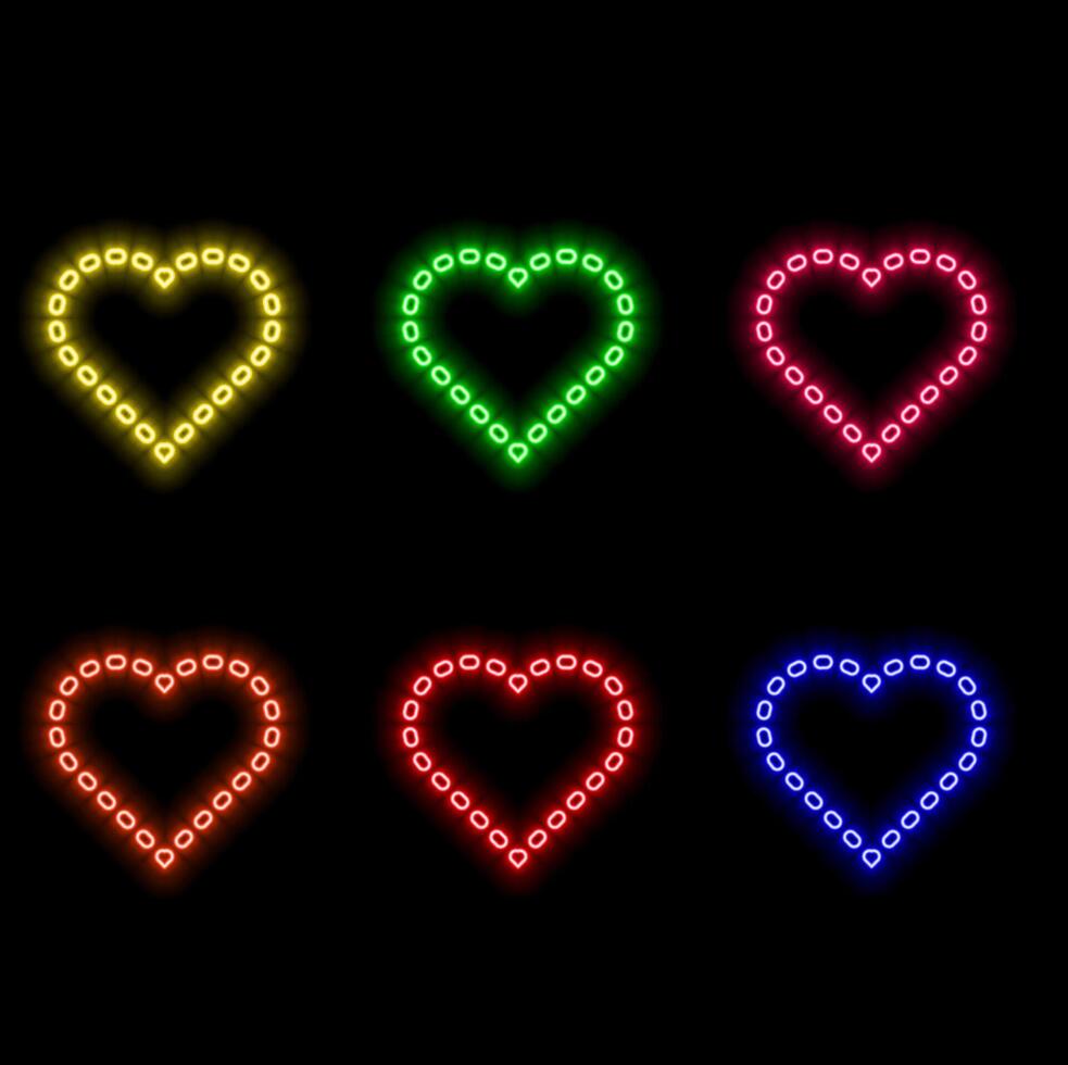 A set of neon heart icons with a cordiogram in bright colors. Logo for medicine.. vector