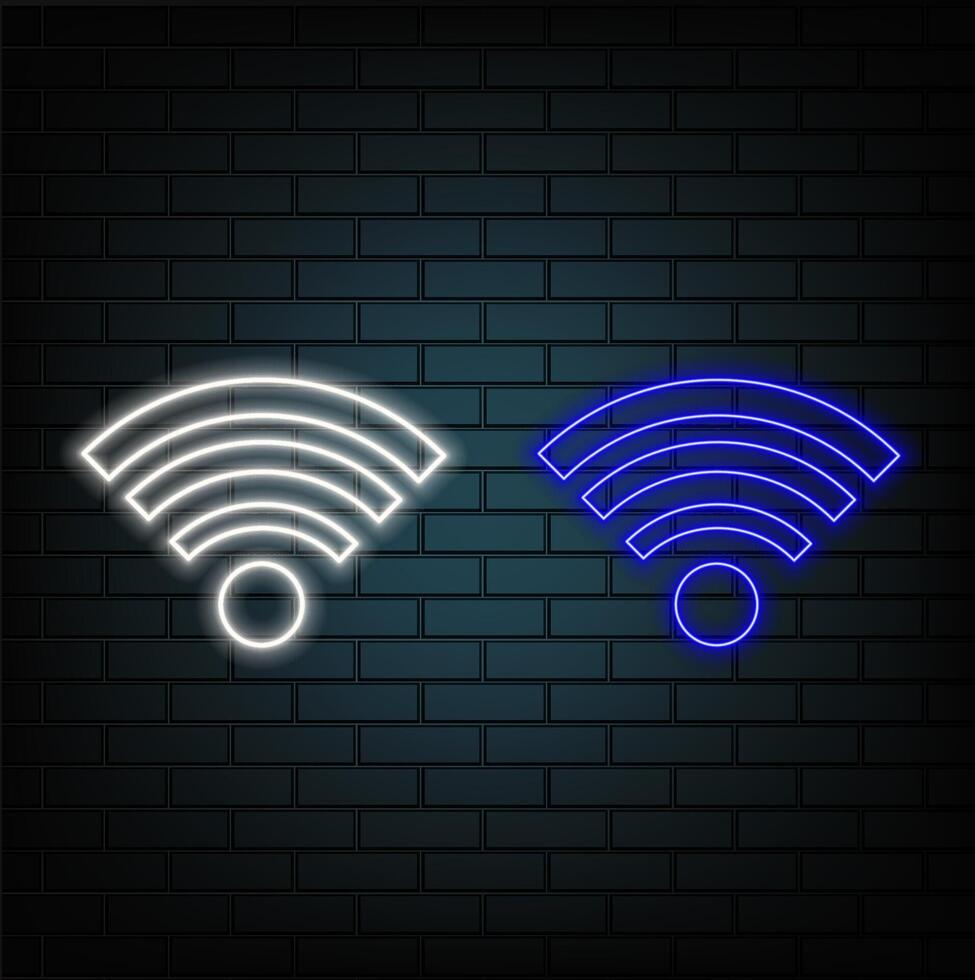 Neon wifi icon. Glowing neon wi fi sign, wireless internet technology in vivid colors. Wifi button, mobile internet hotspot. Bright icon set, sign, symbol for UI design. illustration. blue color. vector