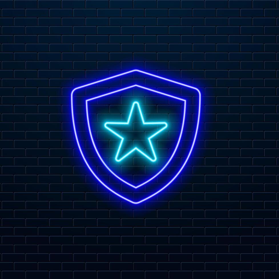 Glowing neon Shield icon isolated on brick wall background. Guard sign. Security, safety, protection, privacy concept. vector